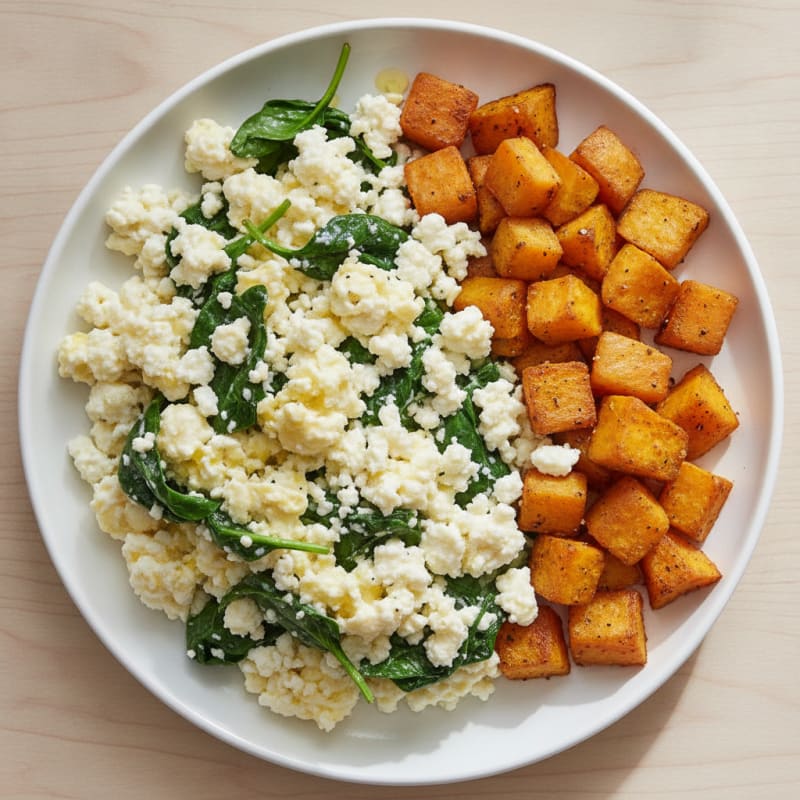Cottage Cheese Scramble with Spinach and Roasted Sweet Potatoes