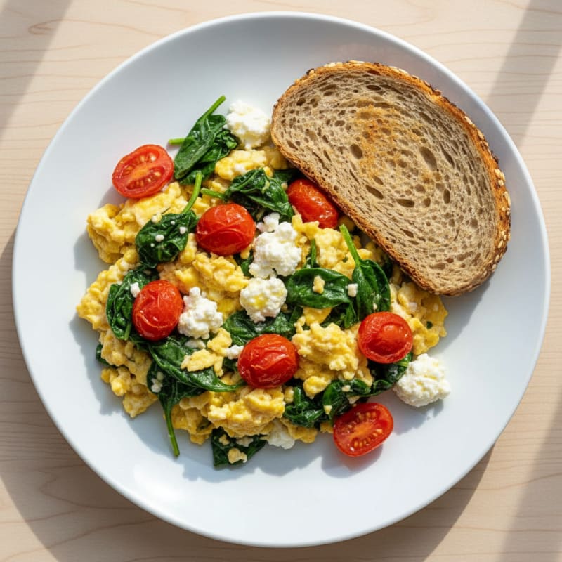 Cottage Cheese Egg Scramble with Spinach and Cherry Tomatoes
