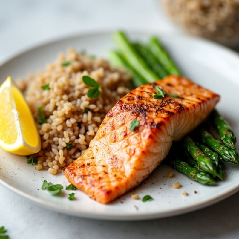 Seared Salmon Fillet with Steamed Asparagus and Brown Rice