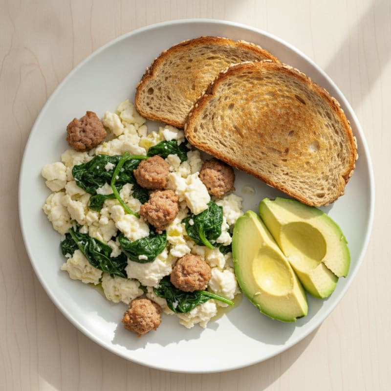 Egg White Scramble with Turkey Sausage and Sautéed Spinach