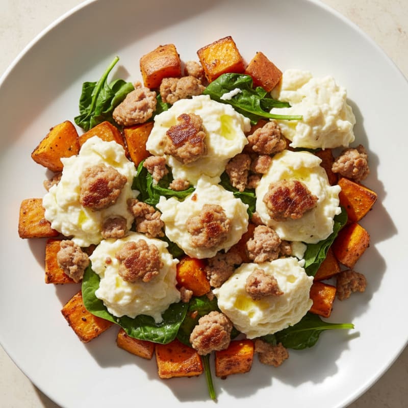 Egg White Scramble with Turkey Sausage and Roasted Sweet Potatoes