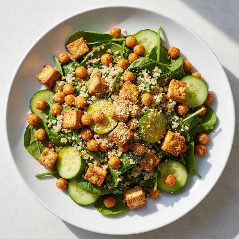 Crispy Tofu and Quinoa Salad with Roasted Chickpeas