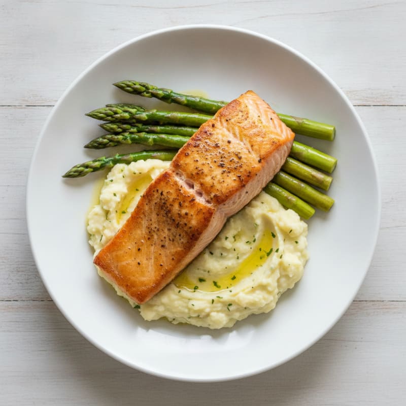 Seared Salmon with Steamed Asparagus and Garlic Mashed Cauliflower