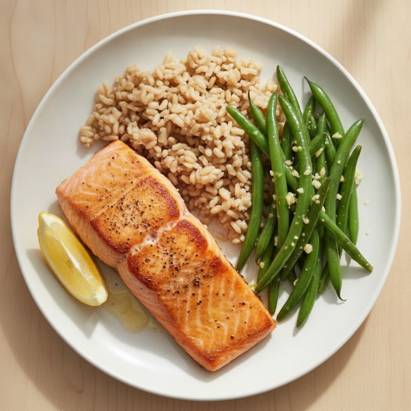 Seared Salmon Fillet with Garlic Green Beans and Brown Rice