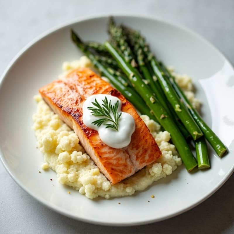 Seared Salmon with Steamed Asparagus and Garlic Cauliflower Mash