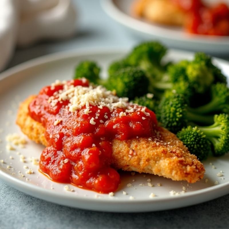 Crispy Baked Chicken Parm with Fresh Marinara and Roasted Broccolini