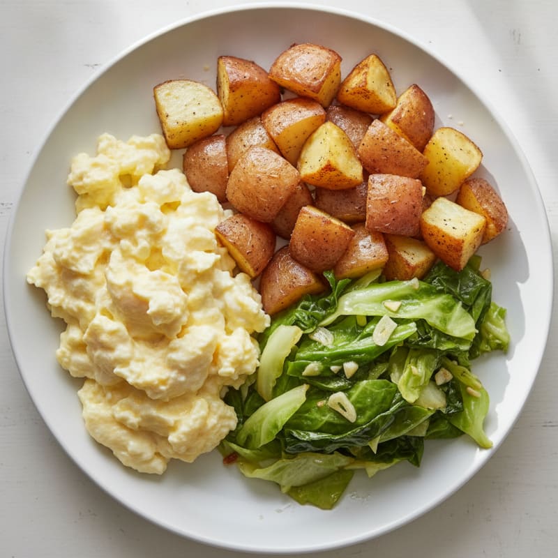 Scrambled Eggs with Roasted Potatoes and Sautéed Cabbage