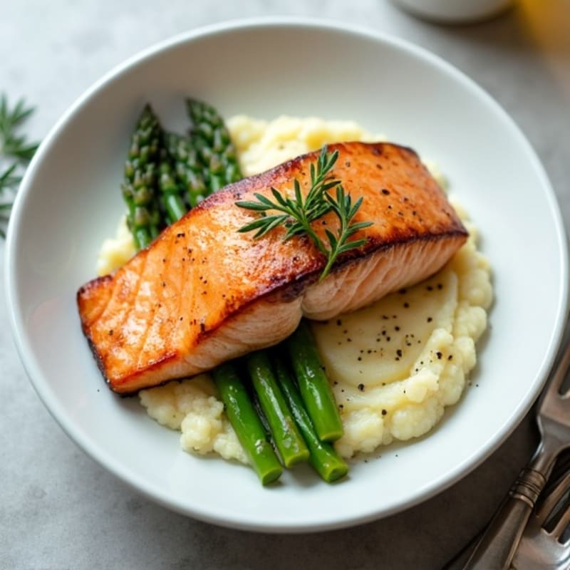 Seared Salmon with Steamed Asparagus and Cauliflower Mash