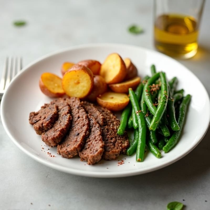 Savory Ground Beef and Crispy Roasted Potatoes with Sautéed Green Beans
