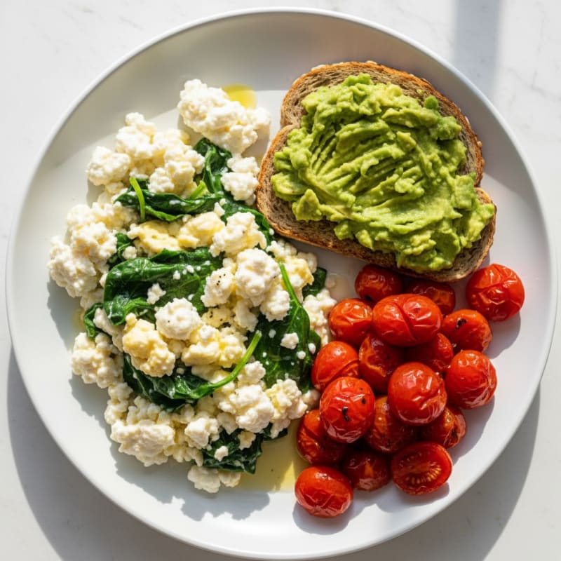 Egg White and Spinach Scramble with Cottage Cheese and Sautéed Tomatoes