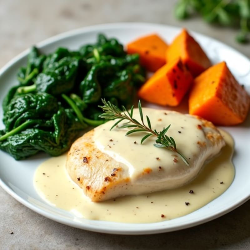 Creamy Garlic Chicken with Silky Spinach and Roasted Sweet Potatoes