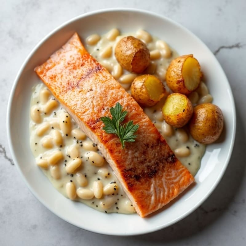 Seared Salmon with Creamy Alfredo Beans and Roasted Potatoes