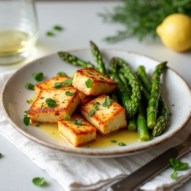 Crispy Pan-Seared Tofu with Roasted Asparagus and Lemon-Garlic Dressing