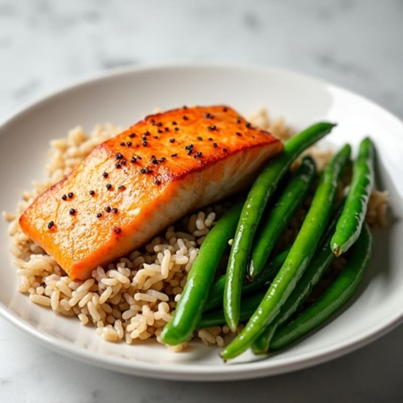 Seared Salmon with Garlic Green Beans and Brown Rice