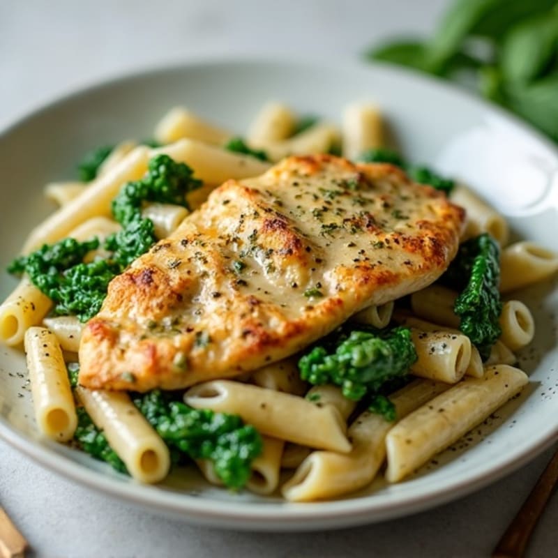 Creamy Chicken Pesto Whole Wheat Pasta with Fresh Spinach