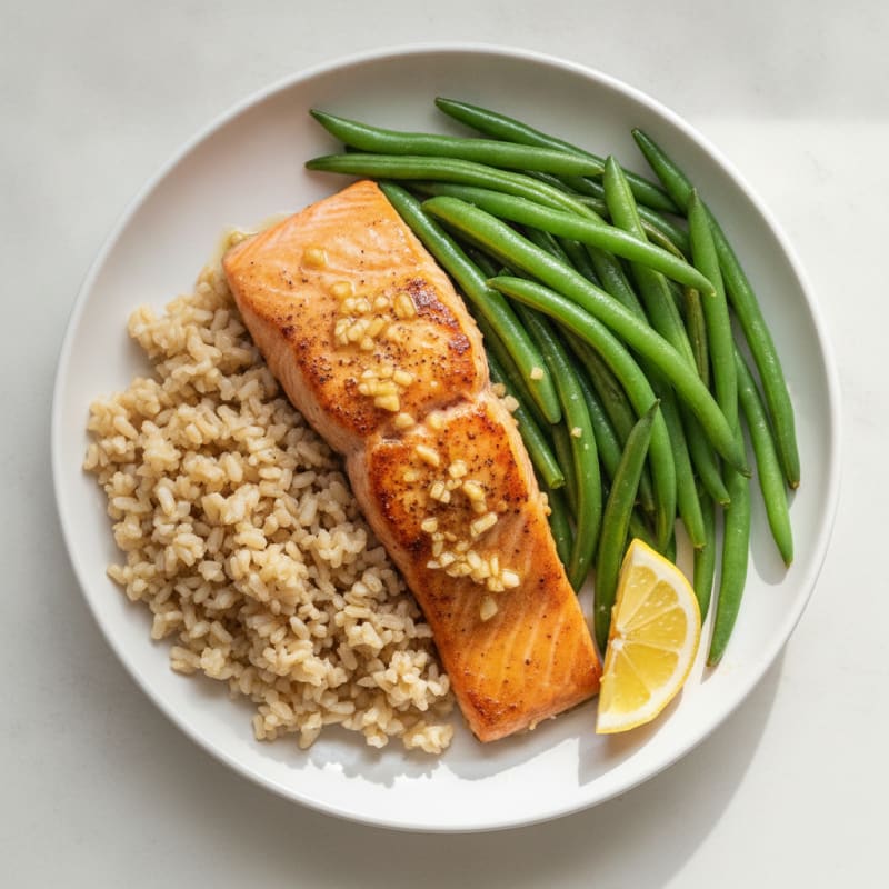 Seared Salmon with Steamed Green Beans and Brown Rice