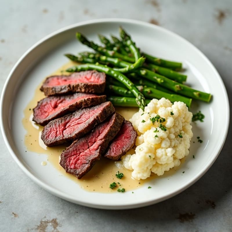 Seared Lean Beef Strips with Steamed Asparagus and Cauliflower Mash