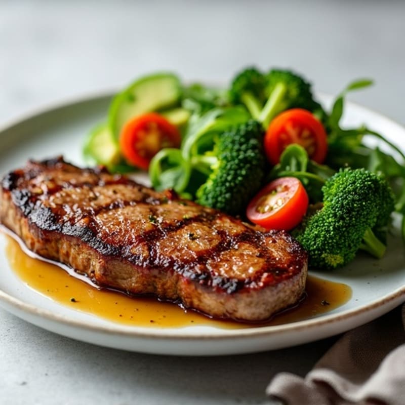 Seared Lean Beef Steak with Roasted Broccoli and Arugula Salad