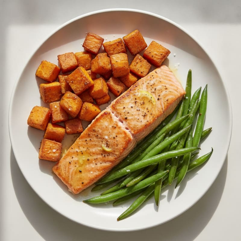Seared Salmon Fillet with Roasted Sweet Potatoes and Green Beans