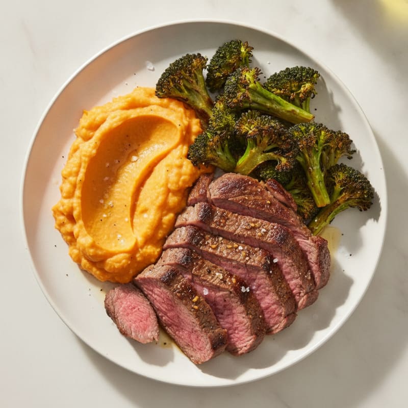 Seared Lean Steak with Roasted Broccoli and Sweet Potato Mash