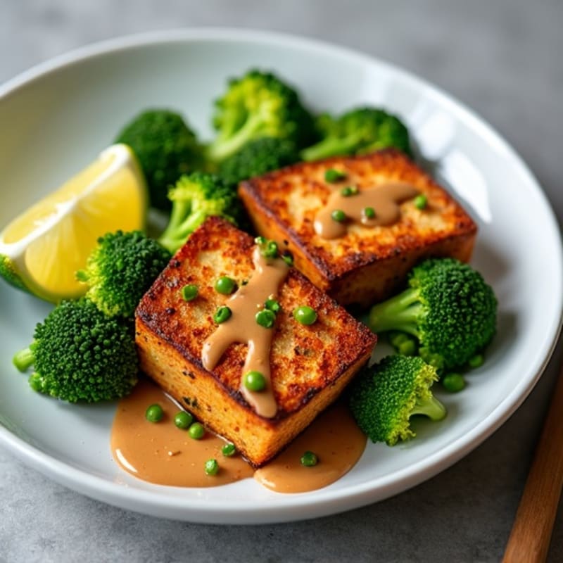 Crispy Baked Tofu with Roasted Broccoli and Peanut Sauce