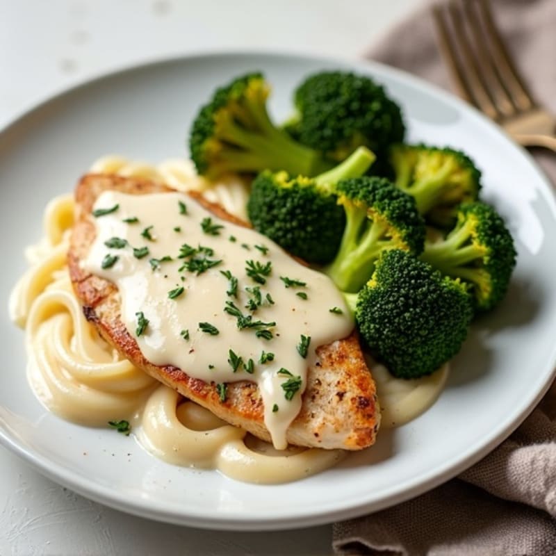 Healthy Creamy Chicken Alfredo with Roasted Broccoli