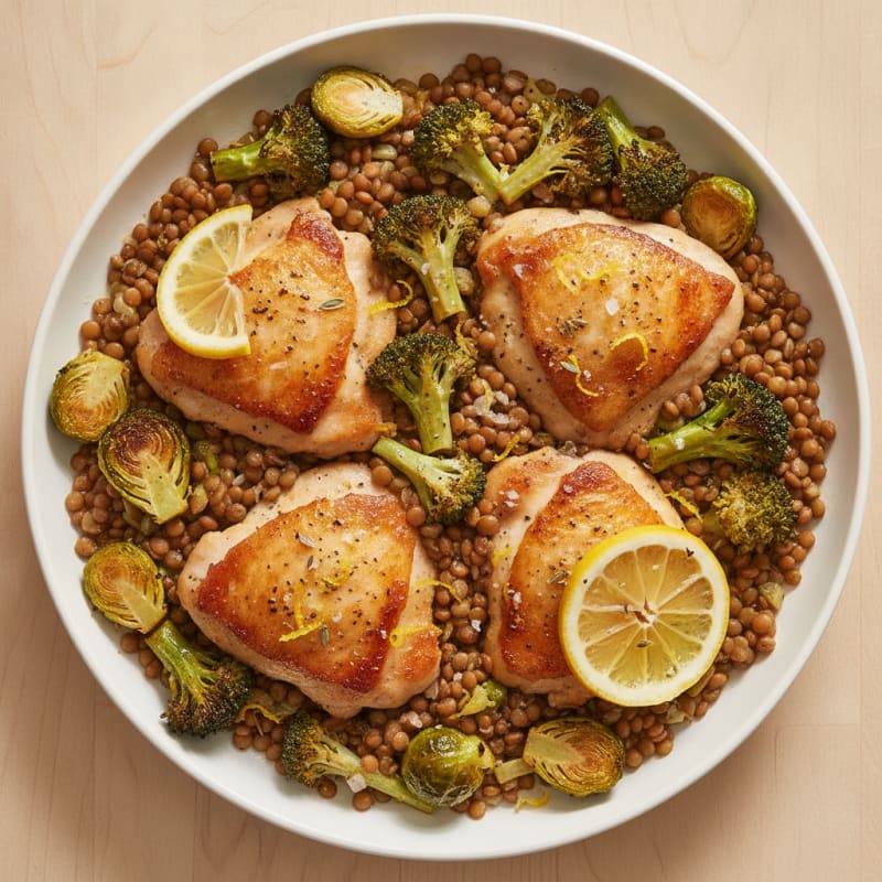 Roasted Chicken Thighs with Garlicky Broccoli and Brussels Sprouts