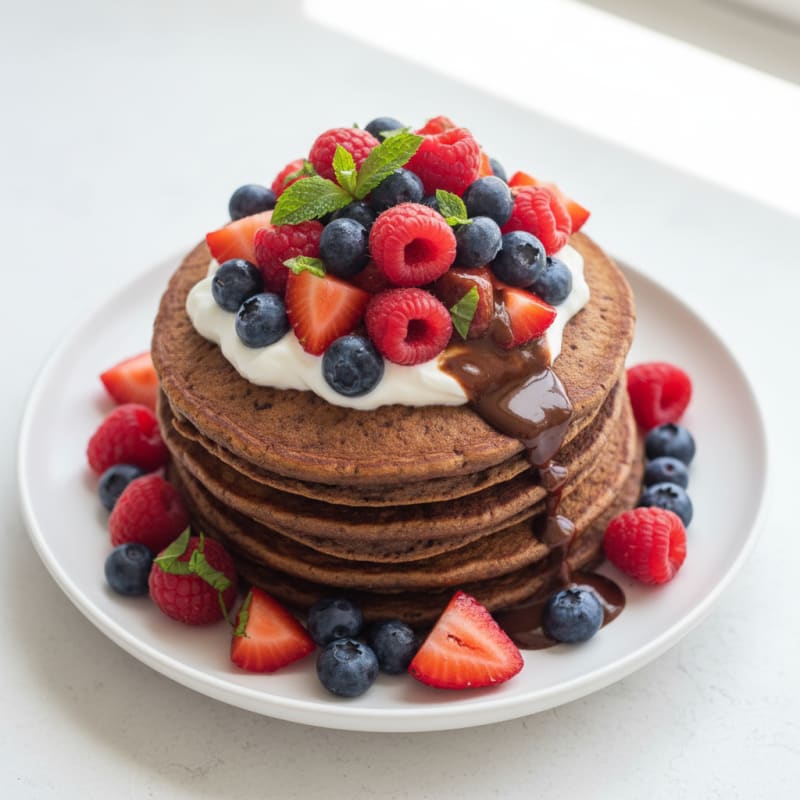 Chocolate Protein Pancakes with Mixed Berries