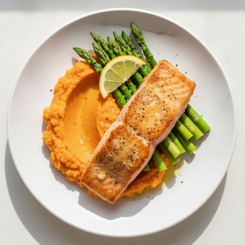 Seared Salmon Fillet with Steamed Asparagus and Sweet Potato Mash