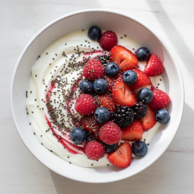 Vanilla Protein Greek Yogurt with Chia Seeds and Mixed Berries