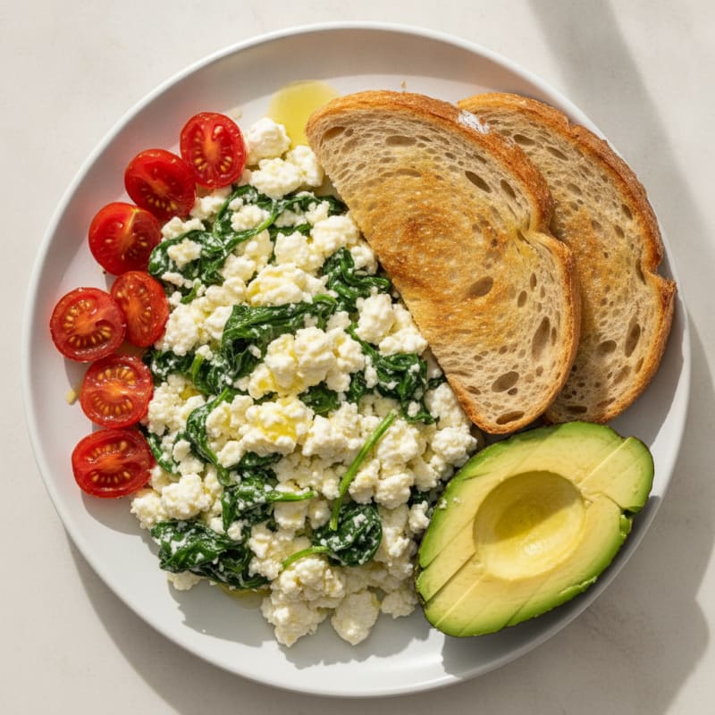 Cottage Cheese and Egg White Scramble with Spinach and Cherry Tomatoes