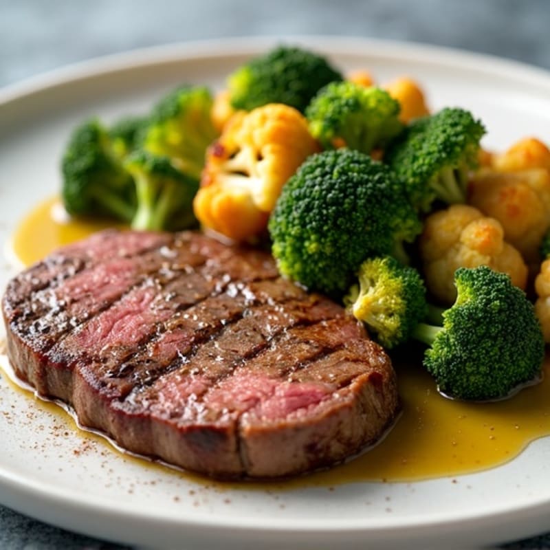 Seared Lean Beef with Roasted Broccoli and Cauliflower