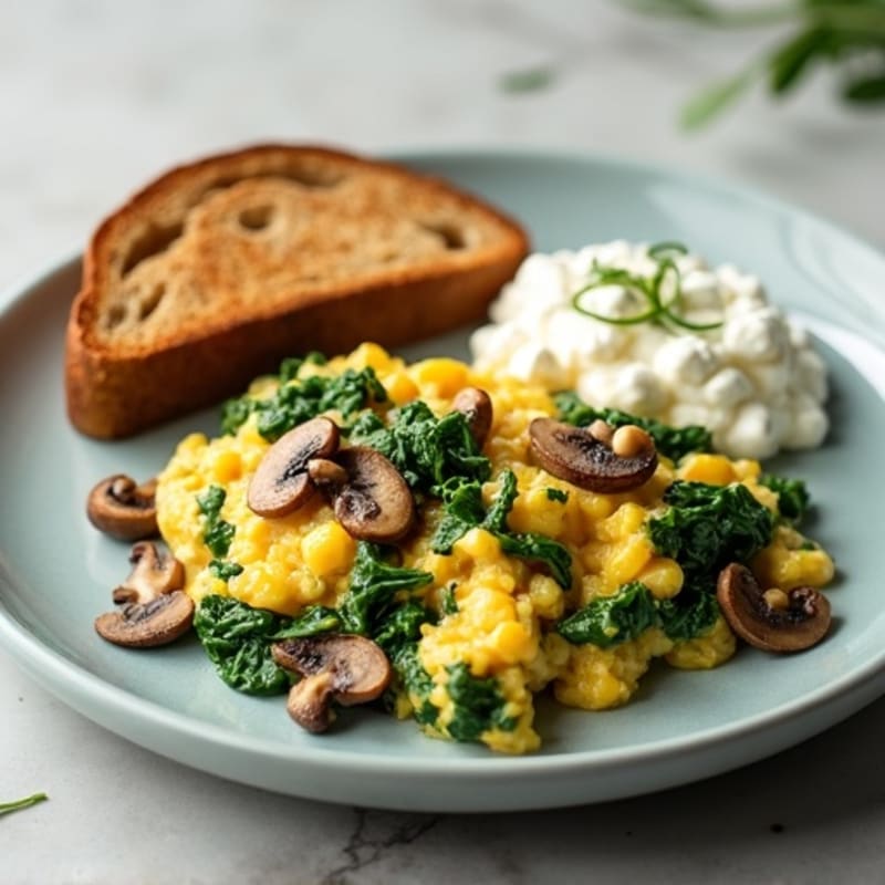 Egg White Spinach Scramble with Cottage Cheese and Sautéed Mushrooms