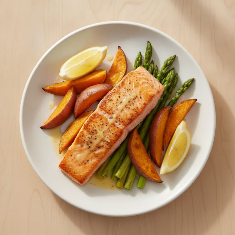Seared Salmon with Roasted Sweet Potato and Asparagus