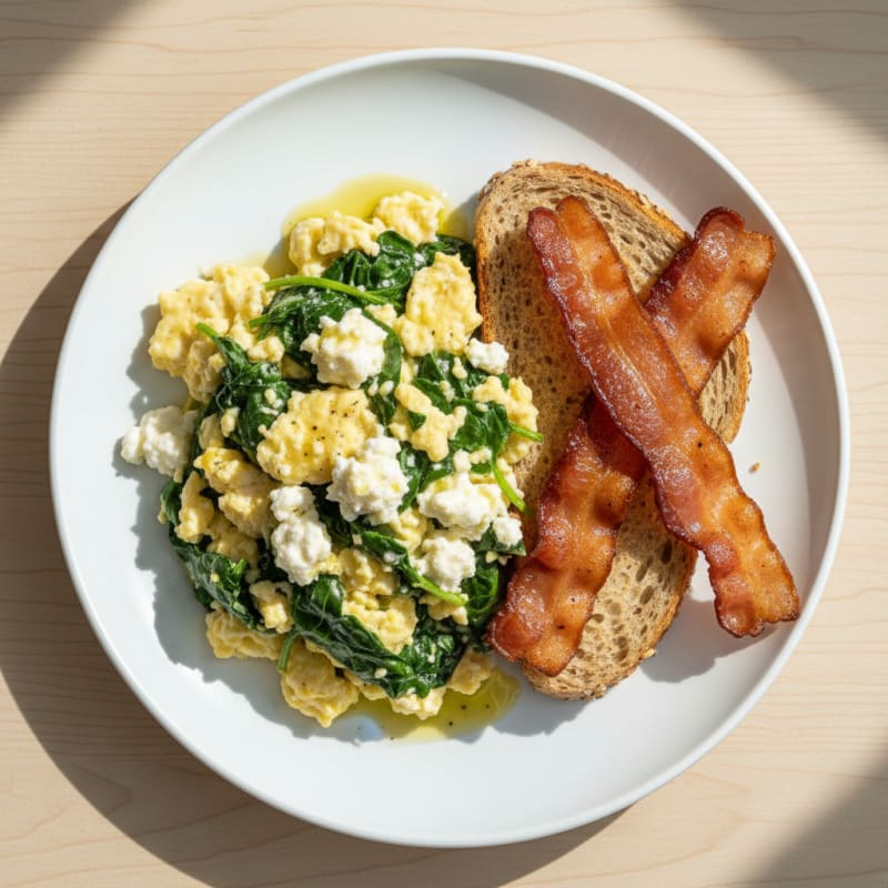 Cottage Cheese Scramble with Spinach and Turkey Bacon