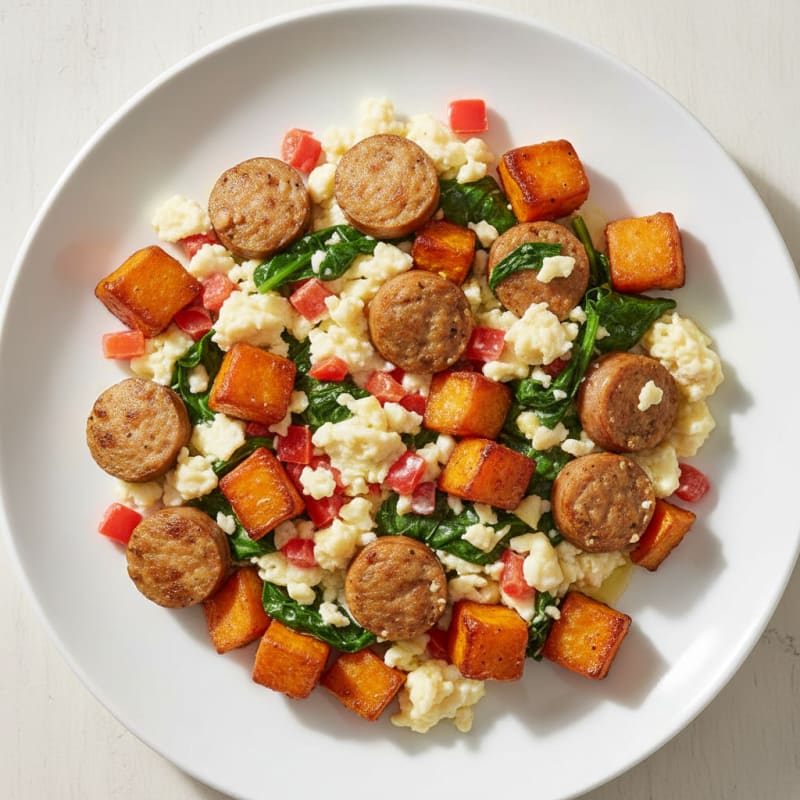 Scrambled Egg Whites with Chicken Sausage and Roasted Sweet Potato
