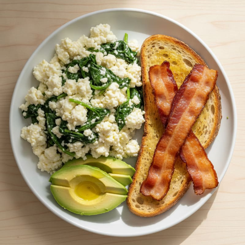 Crispy Turkey Bacon and Egg White Scramble with Cottage Cheese and Spinach