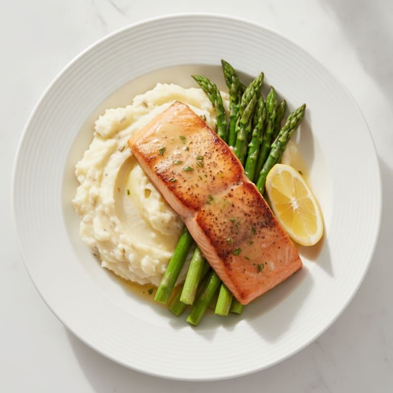 Seared Salmon with Steamed Asparagus and Garlic Mashed Potatoes
