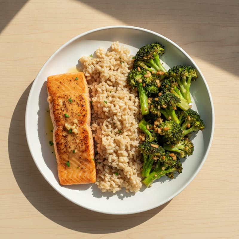 Seared Salmon with Garlic Broccoli and Brown Rice