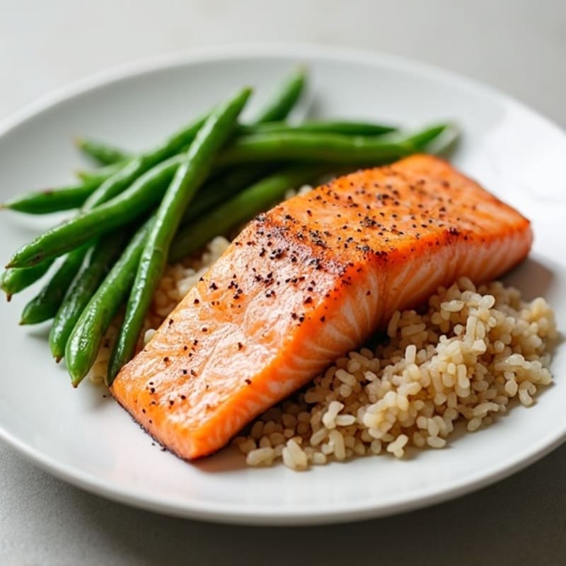 Seared Salmon with Steamed Green Beans and Brown Rice