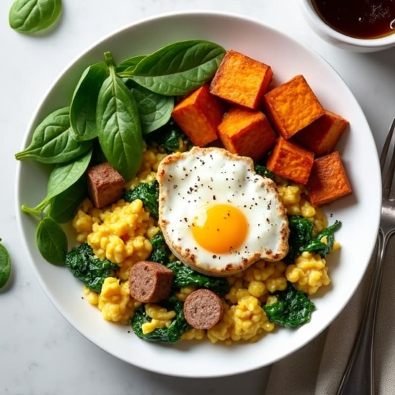 Egg White and Turkey Sausage Scramble with Spinach and Roasted Sweet Potatoes