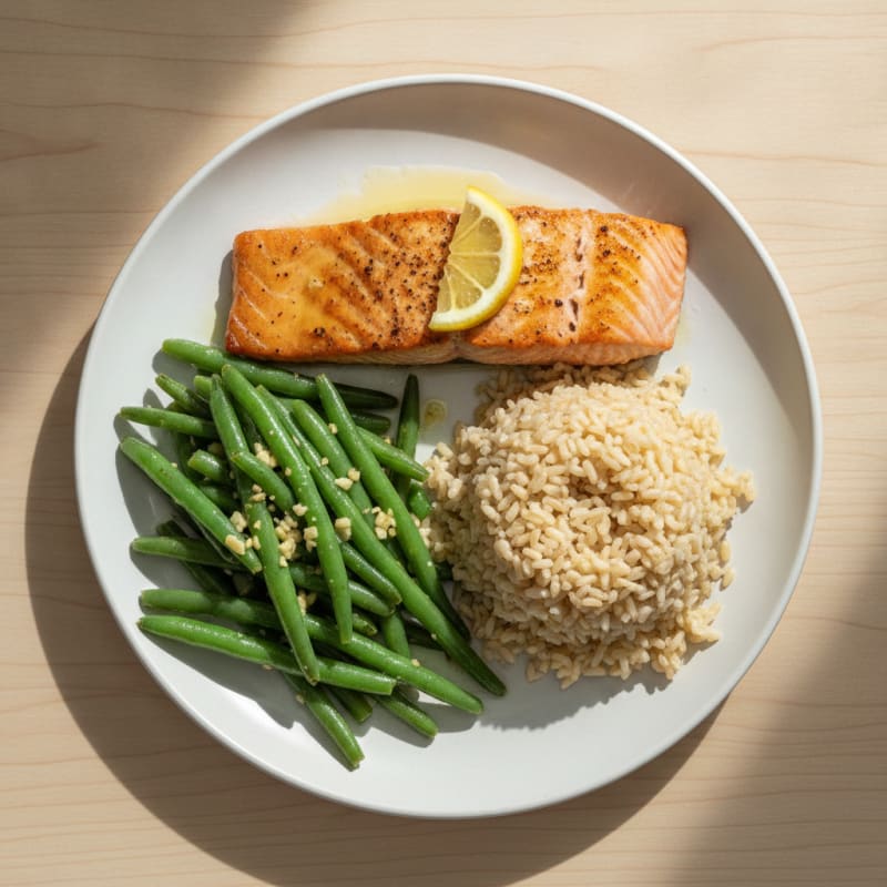 Seared Salmon with Garlic Green Beans and Brown Rice