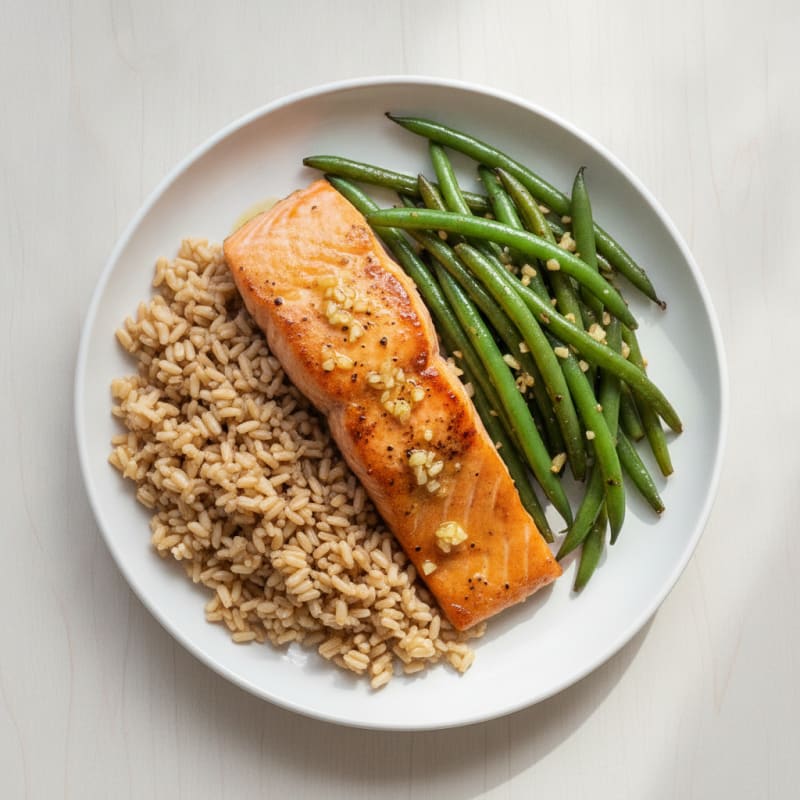 Seared Salmon with Garlic Green Beans and Brown Rice