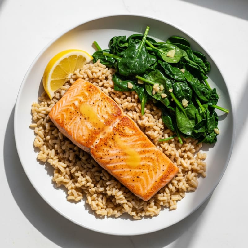 Seared Salmon Fillet with Garlic Spinach and Brown Rice