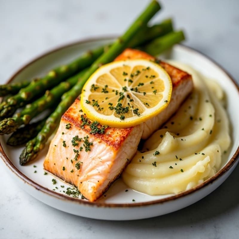 Lemon Garlic Pan-Seared Salmon with Creamy Mashed Potatoes and Roasted Asparagus