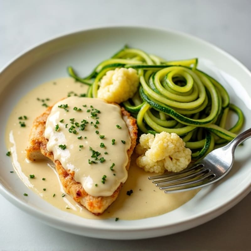 Creamy Cauliflower Alfredo Chicken with Zucchini Noodles