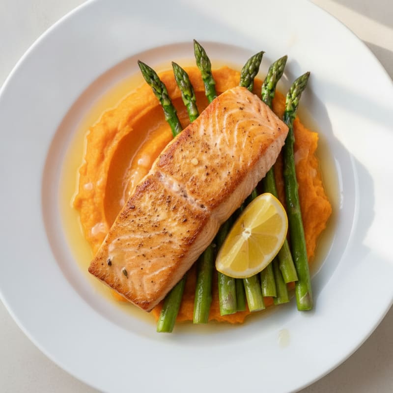 Seared Salmon with Roasted Asparagus and Sweet Potato Mash