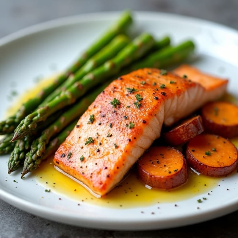 Seared Salmon Fillet with Roasted Sweet Potatoes and Asparagus