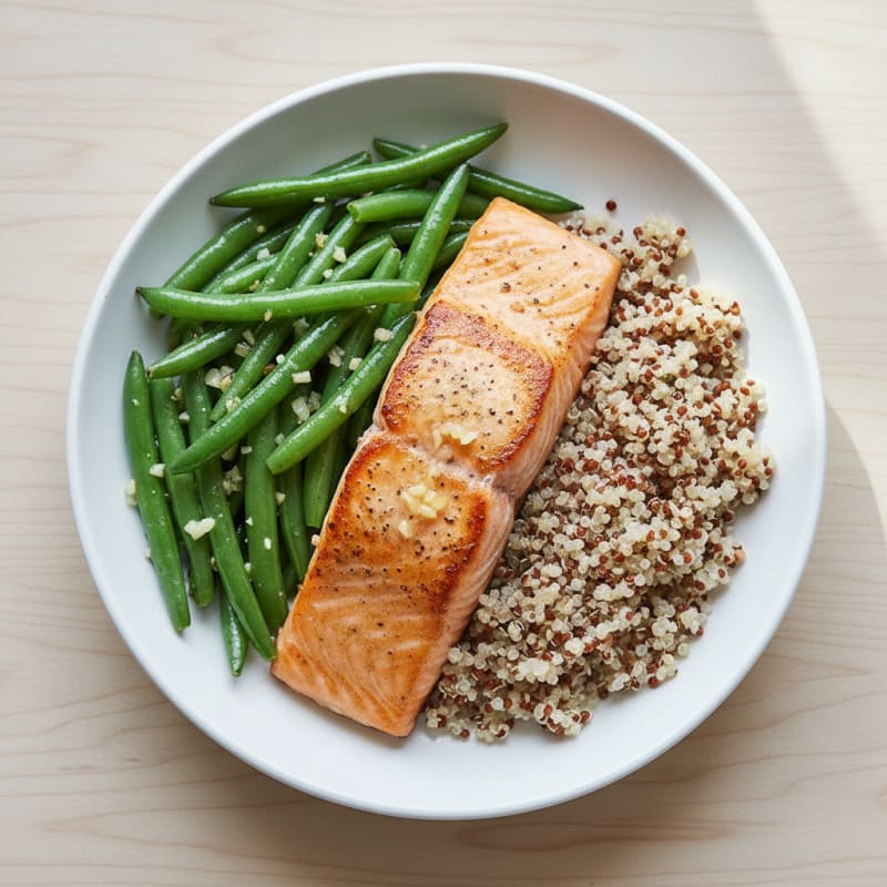 Seared Salmon Fillet with Garlic Green Beans and Quinoa
