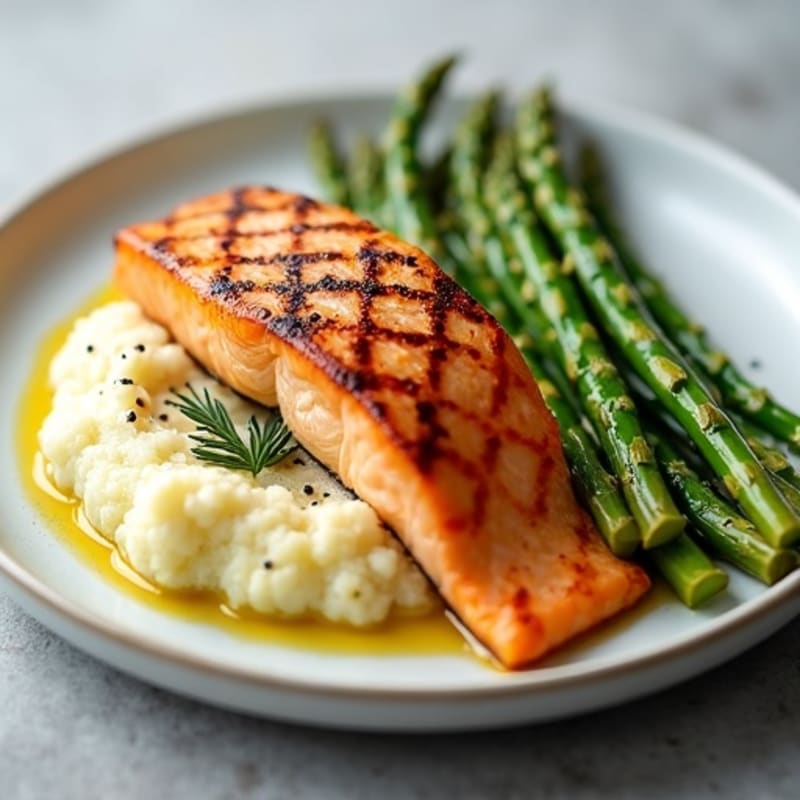 Seared Salmon Fillet with Roasted Asparagus and Cauliflower Mash